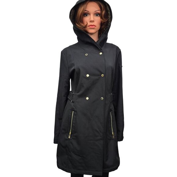 NWOT Via Spiga Hooded Trench Coat Raincoat Black Animal Print Faux Fur Lining M - Picture 2 of 16